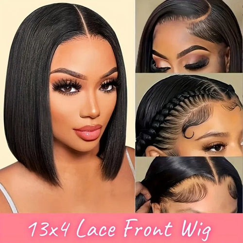 13*4 Front Lace Bob Hairstyle, Natural Black Color, 180% Density Natural Hairline, Pre-Sewn and Pre-Stretched. Transparent Lace - Trenches of Mariana
