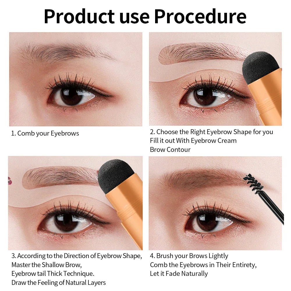 Waterproof eyebrow powder stamp tint stencil kit by Trenches of Mariana, showing a compact with eyebrow enhancing tool and stencil.