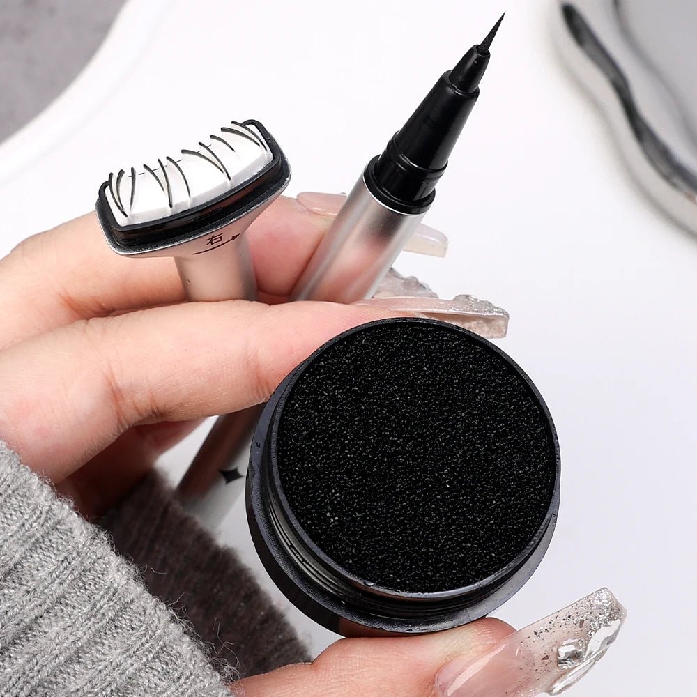 Double-ended eyelash stamp and eyeliner kit by Trenches of Mariana, waterproof DIY Korean makeup tool for beginners.