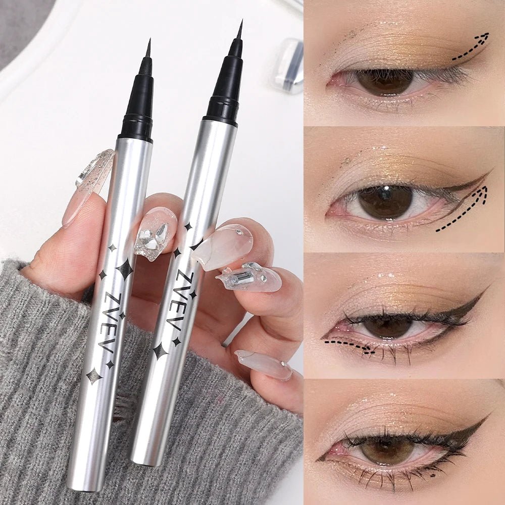 Double-ended eyelash stamp and waterproof eyeliner kit by Trenches of Mariana for DIY Korean makeup, ideal for beginners.