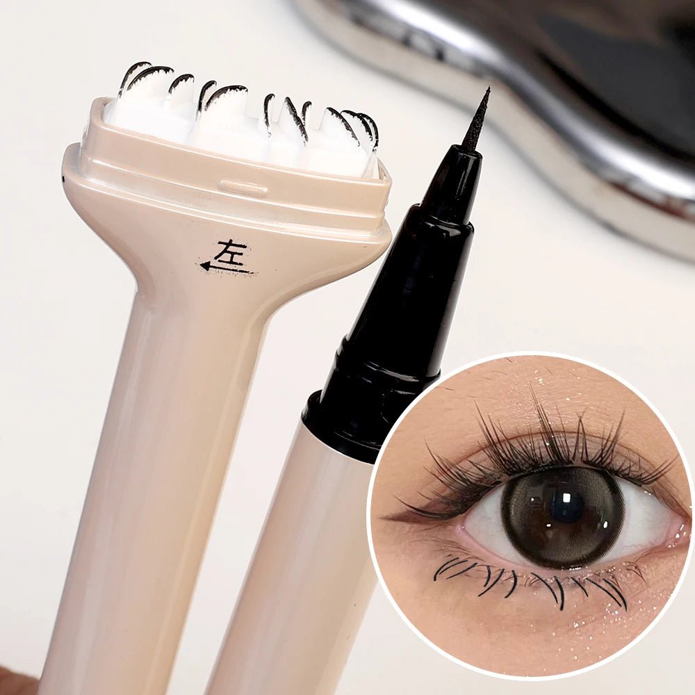 Double-ended eyelash stamp and waterproof eyeliner from Trenches of Mariana, ideal for DIY Korean makeup and beginner eye enhancements.