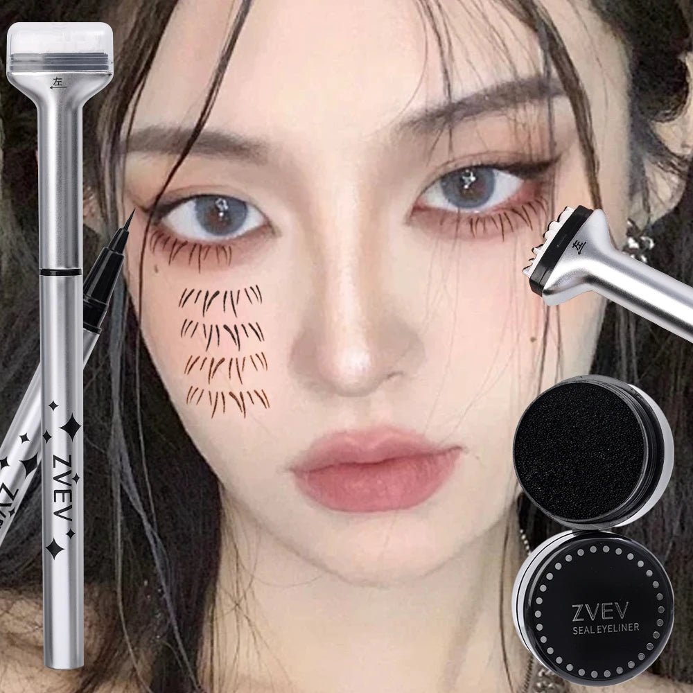 Double-ended Trenches of Mariana eyelash stamp and waterproof eyeliner for DIY Korean makeup, ideal for beginners.