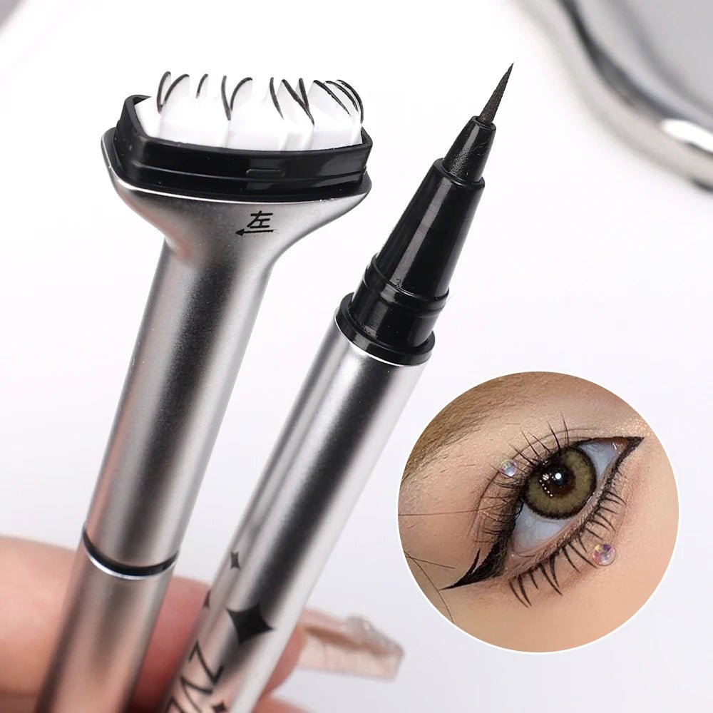 Double-ended eyelash stamp and waterproof eyeliner kit by Trenches of Mariana, ideal for DIY Korean makeup beginners.