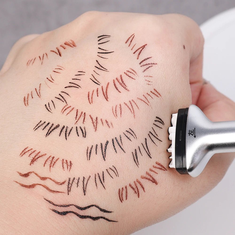 Double-ended eyelash stamp and waterproof eyeliner pen by Trenches of Mariana, ideal for DIY Korean makeup and beginners.