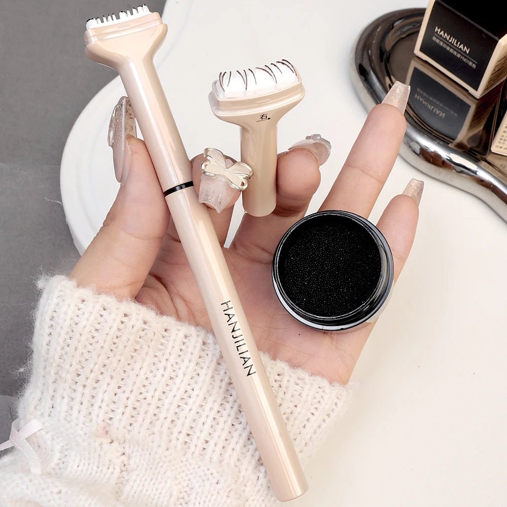 Double-ended eyelash stamp and waterproof eyeliner from Trenches of Mariana, ideal for DIY Korean makeup beginners.