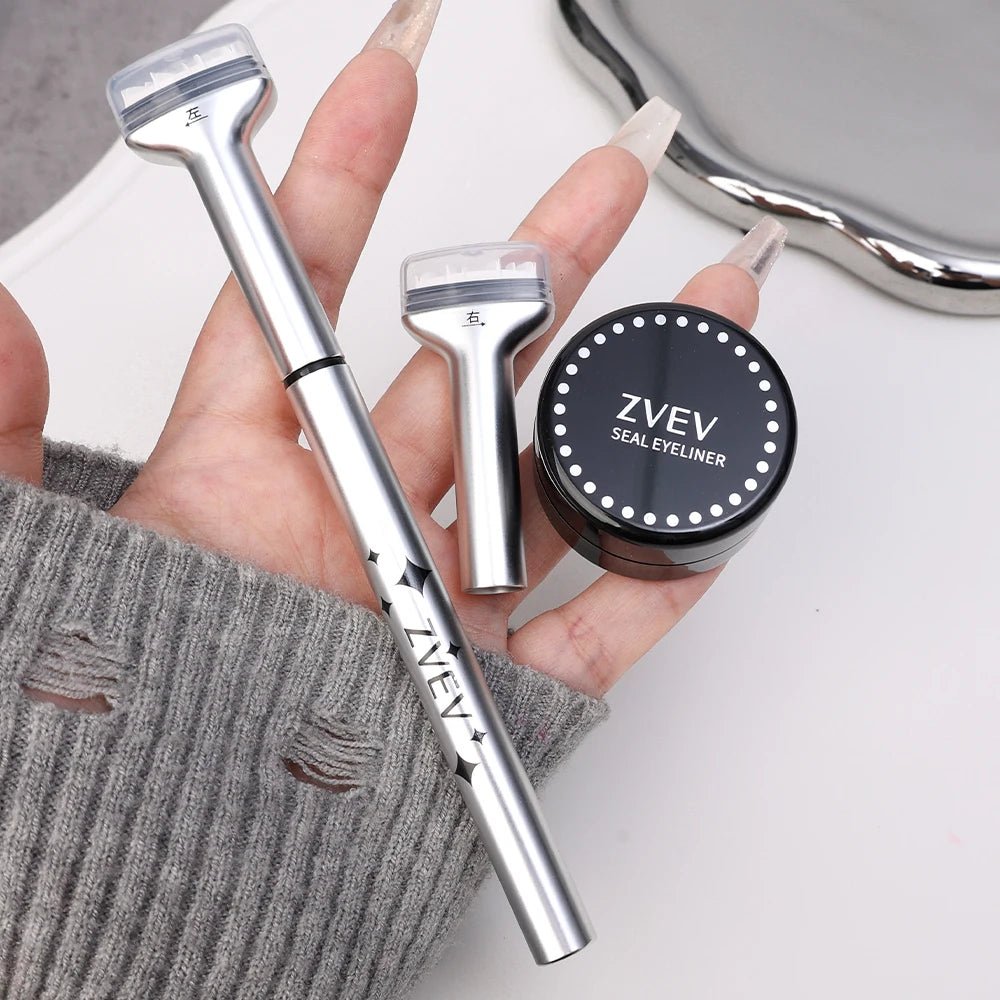 Double-ended eyelash stamp and waterproof eyeliner kit by Trenches of Mariana, ideal for DIY Korean makeup and beginner eye enhancements.