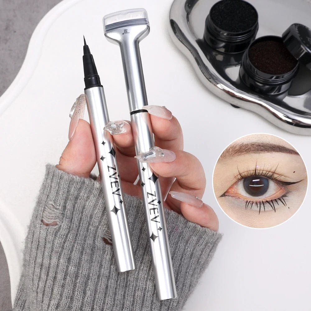 Double-ended eyelash stamp and waterproof eyeliner from Trenches of Mariana, ideal for DIY Korean makeup beginners.