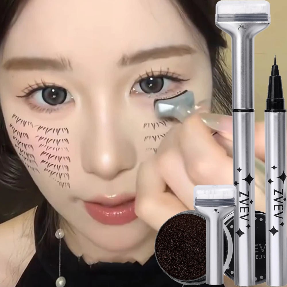 Double-ended eyelash stamp and waterproof eyeliner pen from Trenches of Mariana for DIY Korean makeup, ideal for beginners.
