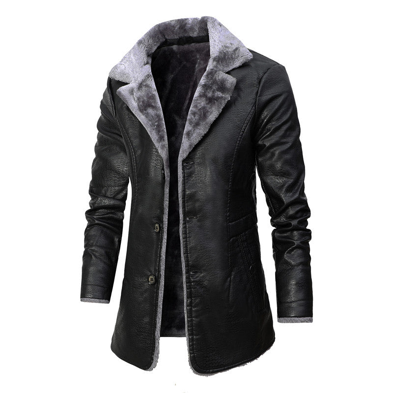 Men's mid-length leather jacket by Trenches of Mariana featuring a large velvet lapel, plush lining, suitable for autumn and winter.