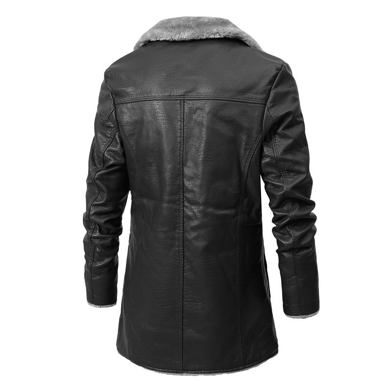 Men's mid-length leather jacket by Trenches of Mariana with velvet lapel, plush lining, suitable for autumn and winter, European size.