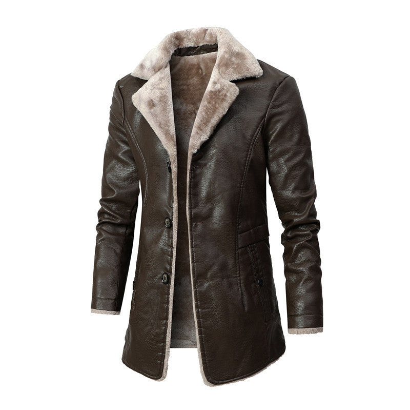 Men's Mid-Length Leather Jacket for Middle-Aged and Elderly People in Autumn and Winter Business European Size Plus Velvet Large Lapel Suit Leather Plush Jacket for Men by Trenches of Mariana