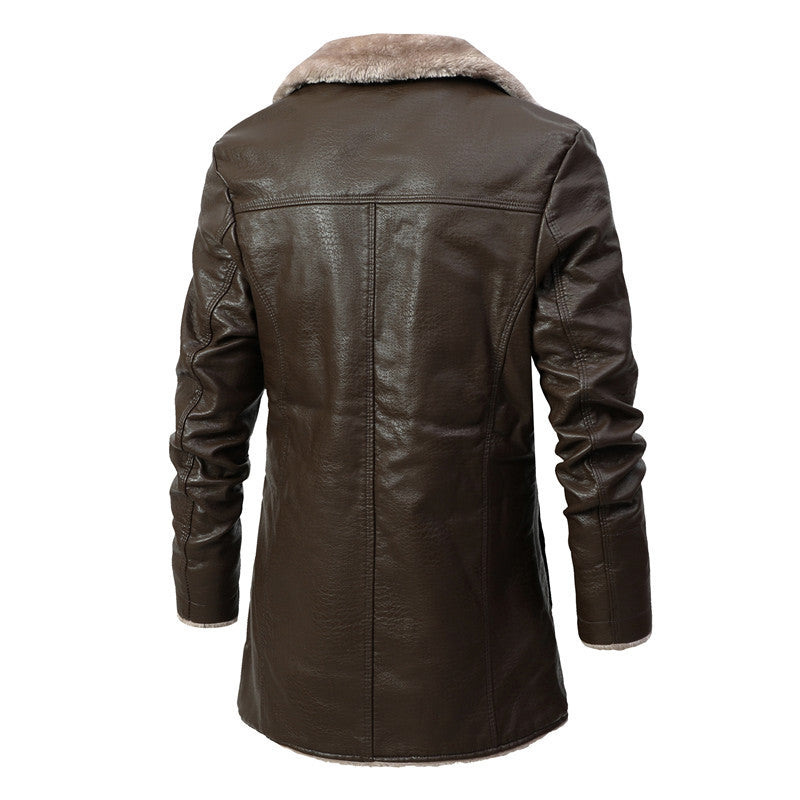 Men's mid-length leather jacket by Trenches of Mariana with large velvet lapel, plush lining, suitable for autumn and winter.