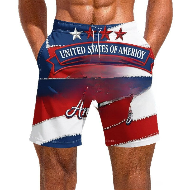 3D Independence Day Print Men Casual Beach Shorts by Trenches of Mariana