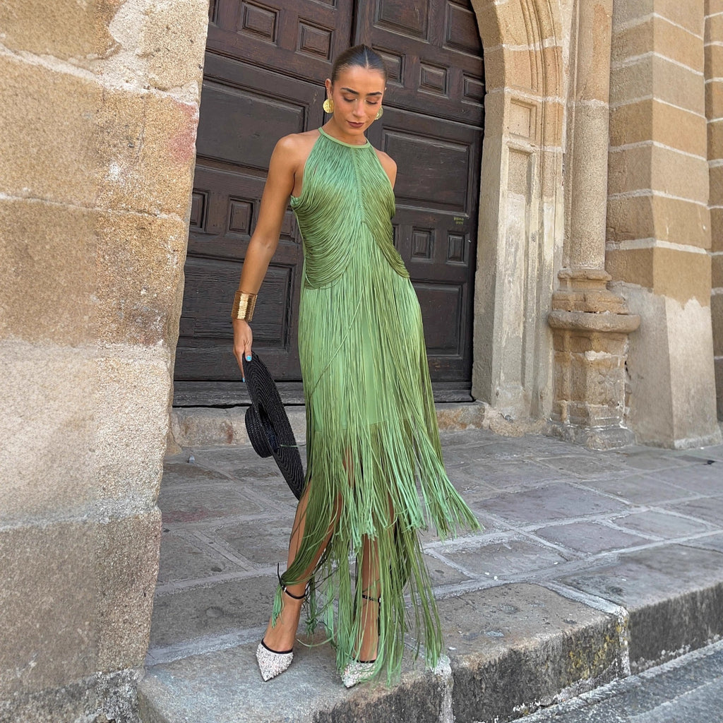 Elegant Halter Neck Tassel Long Dress by Trenches of Mariana