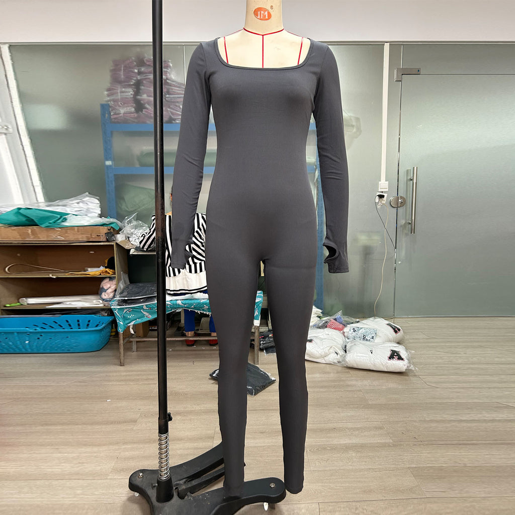 Threaded Square Collar Buttocks Slim Jumpsuit by Trenches of Mariana