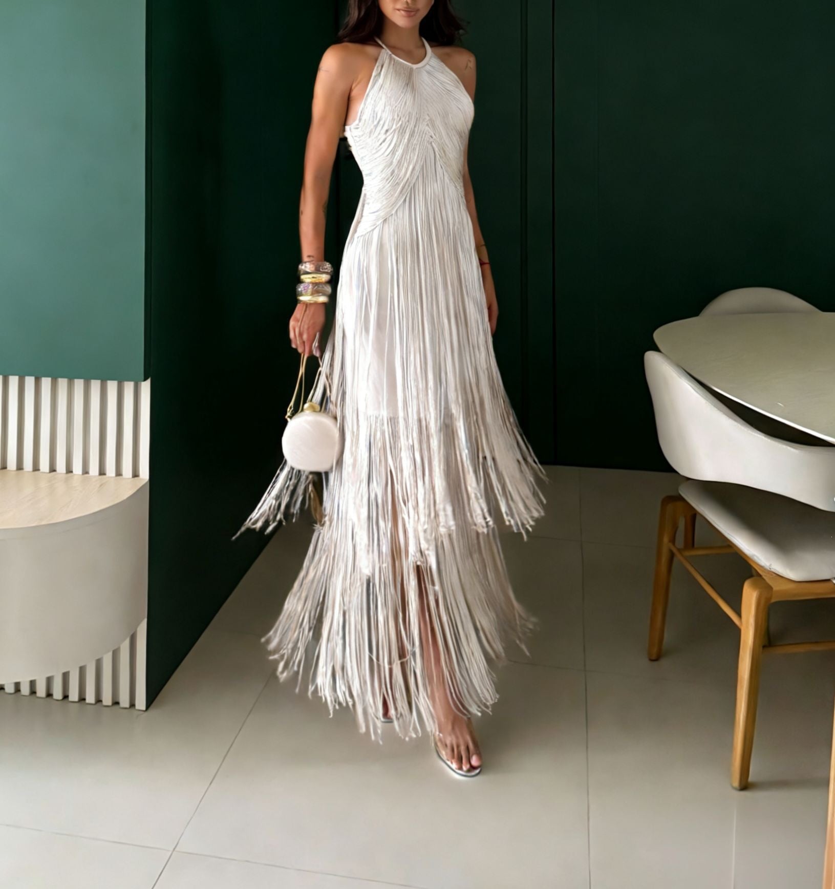 Elegant Halter Neck Tassel Long Dress by Trenches of Mariana