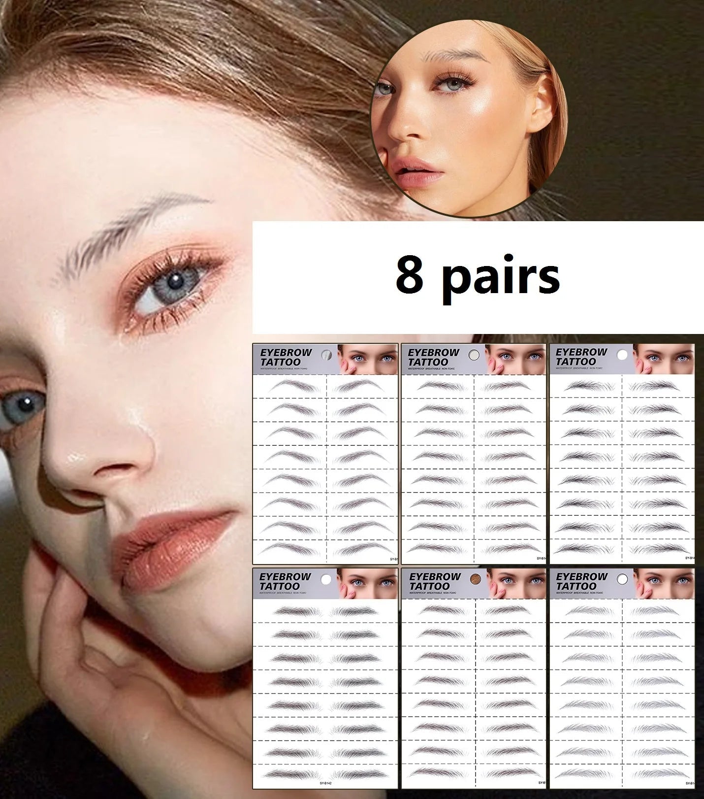 Set of 8 waterproof 6D eyebrow stickers with hair-like design for natural-looking eyebrow tattoos, easy to apply and long-lasting.