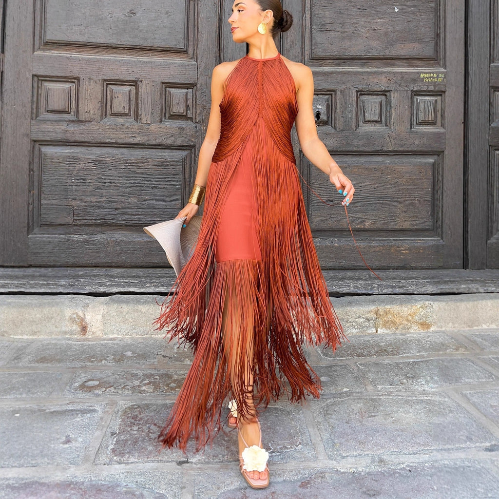 Elegant Halter Neck Tassel Long Dress by Trenches of Mariana
