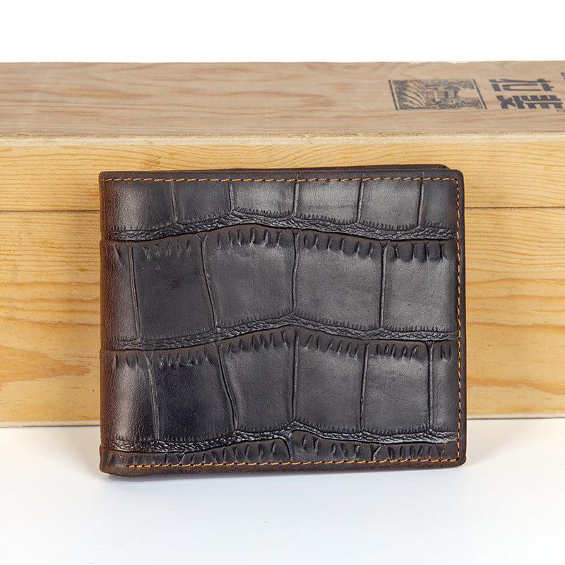 Crazy Horse leather embossed crocodile pattern men's wallet short genuine leather European and American retro wallet horizontal first layer cowhide silver bag by Trenches of Mariana