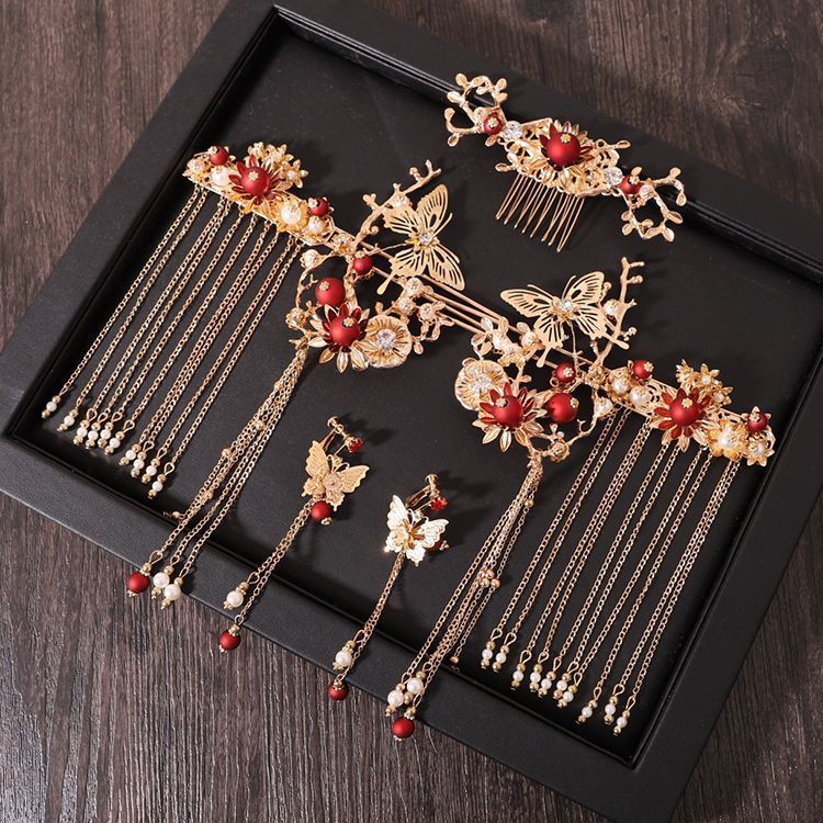 Chinese style hanfu bridal hair accessories suit tassel dragon and phoenix gown ancient style hair accessories wedding Red ancient costume Xiuhe headdress by Trenches of Mariana