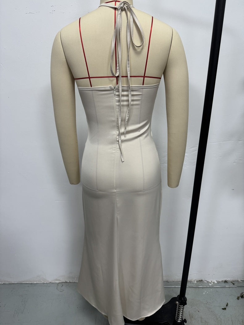 European and American cross-border women's satin evening dress with suspender long skirt, perfect for spring and summer events.