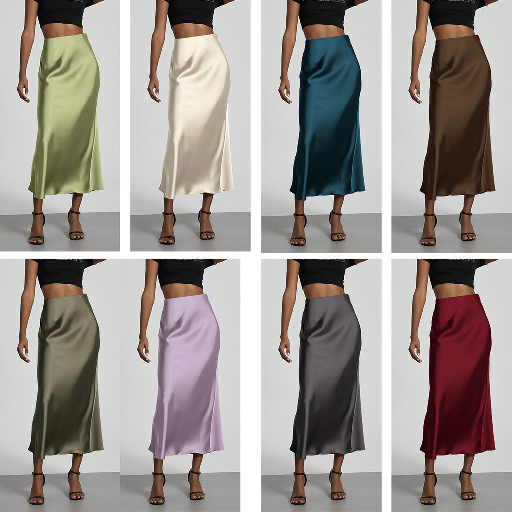 Elegant Satin Midi Skirt Slimming and Flowy