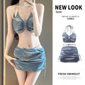 Silver three-piece women's swimsuit set by Trenches of Mariana featuring a sexy high-end bikini for hot spring vacations.