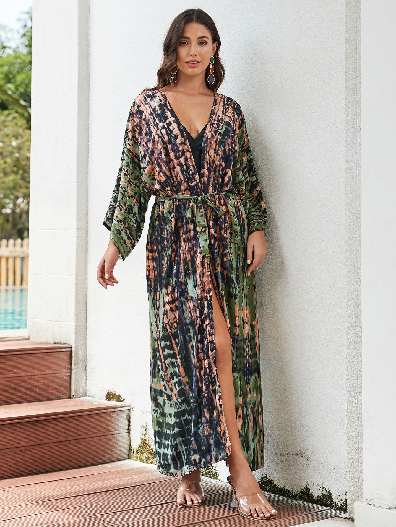 Trenches of Mariana rayon tie-dye beach cover-up with sun protection, loose fit, perfect for women's vacation and swimwear.