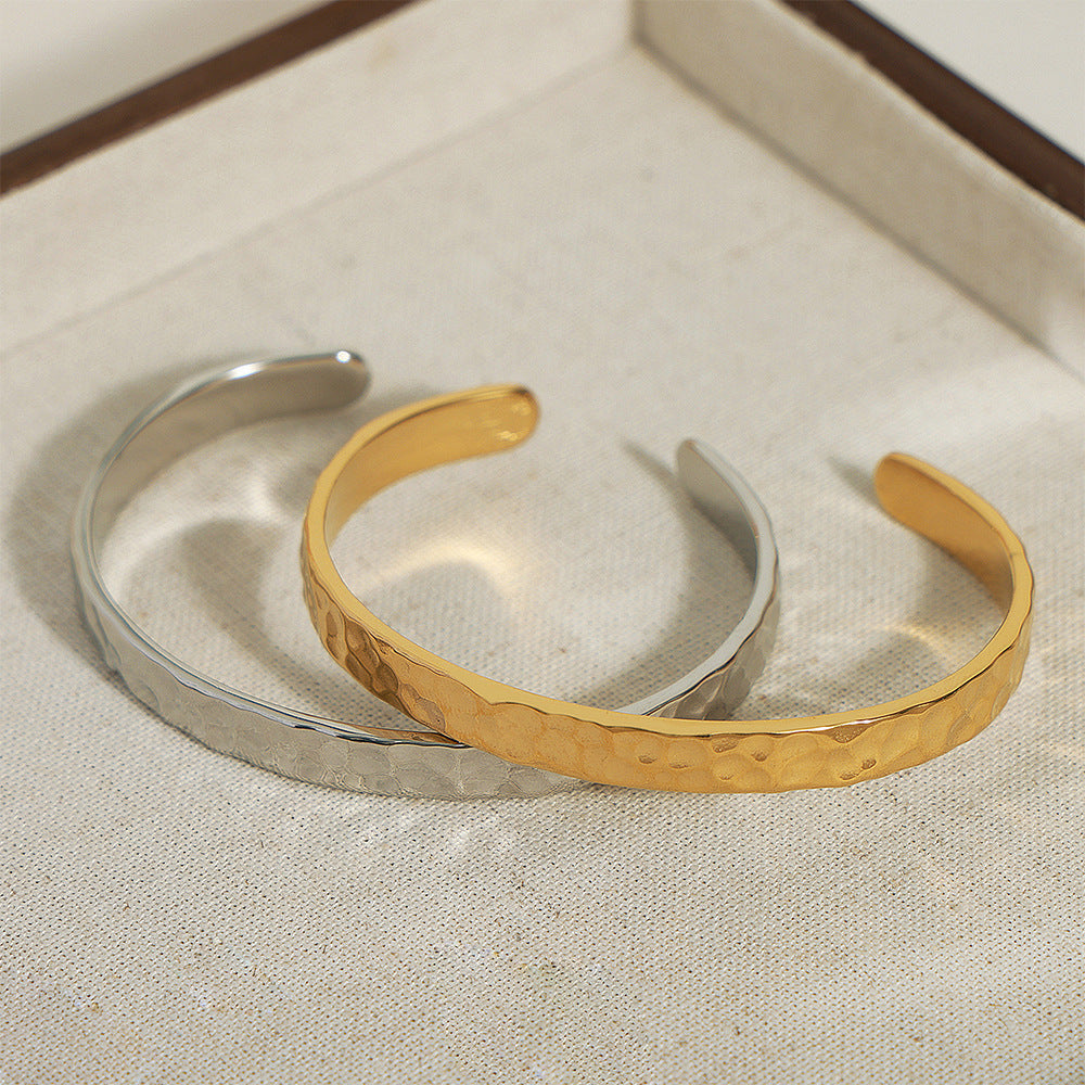 Hammered Texture Design Titanium Steel Gold-Plated Open Bracelet