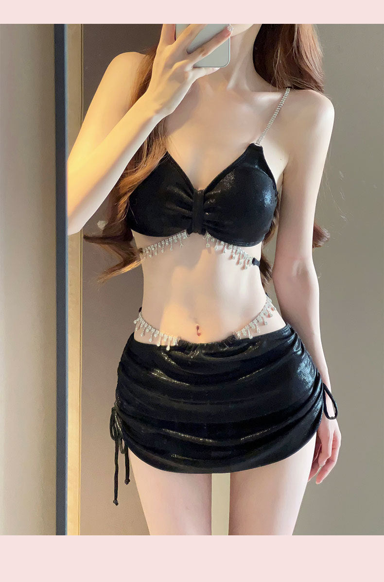 Trenches of Mariana 2025 women's three-piece bikini swimsuit with rhinestones, high-end design, perfect for seaside and hot spring resorts.