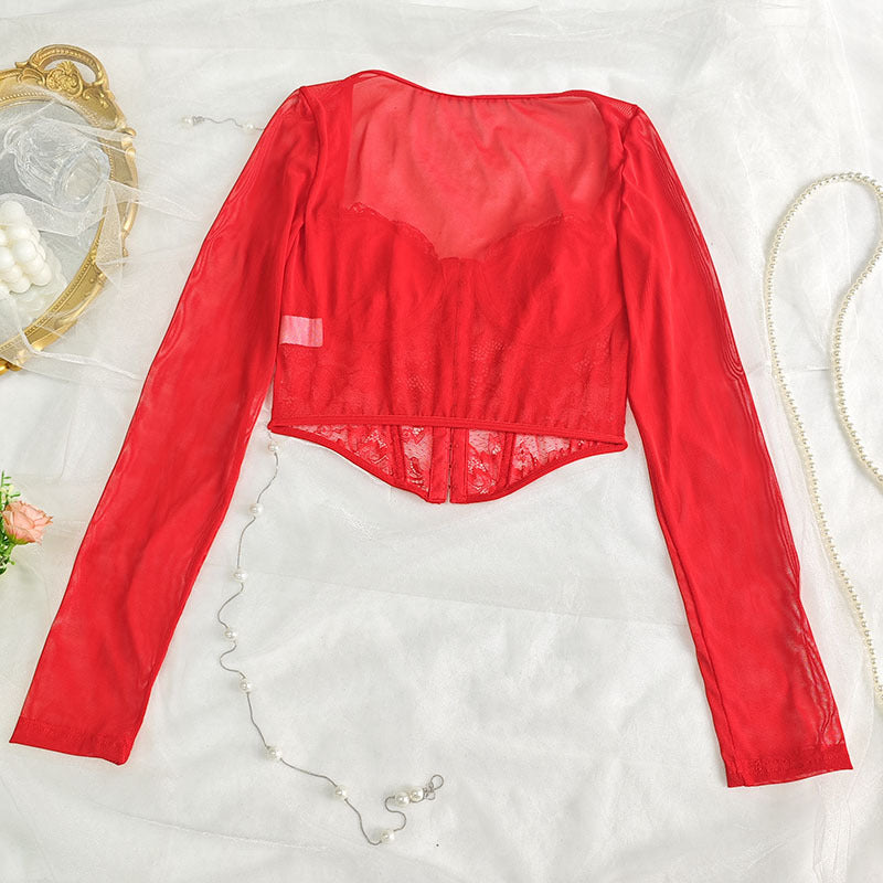 European and American style sexy lace mesh long-sleeved T-shirt with square collar, slim-fit design for women, by Trenches of Mariana