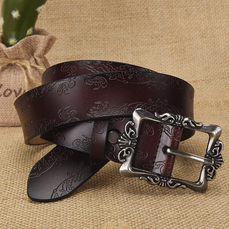 Cross-border European and American Women's Retro Belt Embossed Pattern Pin Buckle Belt Women's Ins Style All-match Simple Casual Pants Belt by Trenches of Mariana