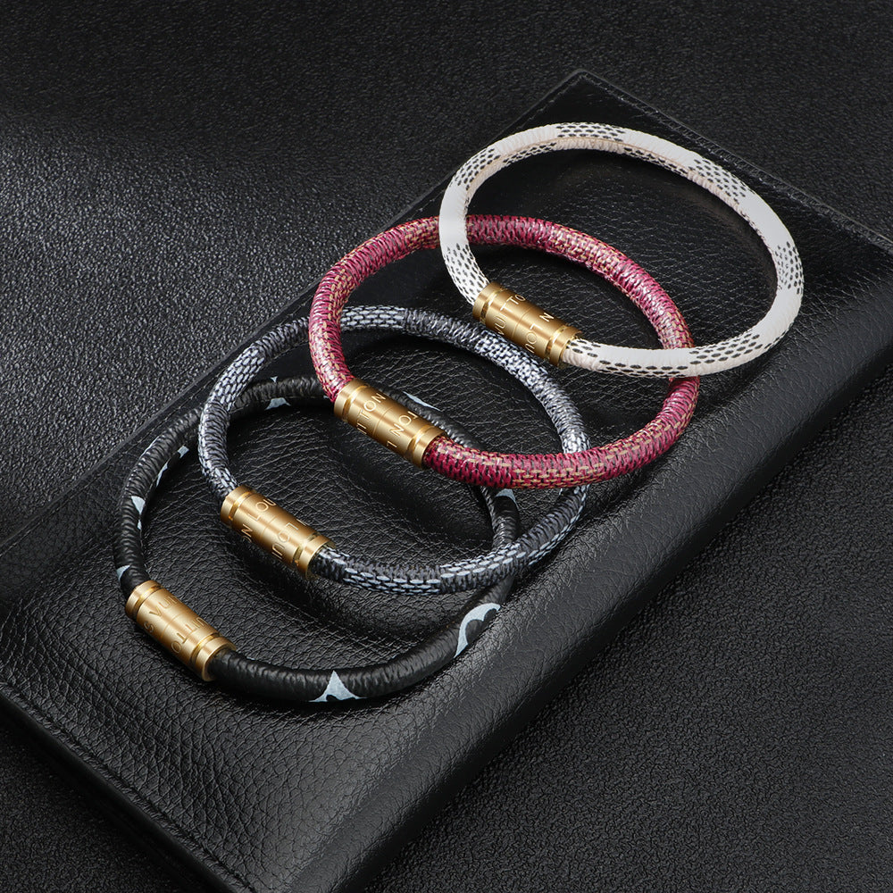 Cross-Border E-Commerce European and American Titanium Steel Lettering Old Pattern Cowhide Rope Bracelet Stainless Steel Magnetic Buckle Male and Female Couple Bracelet by Trenches of Mariana