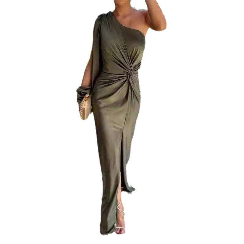 Trenches of Mariana summer slim fit dress with inclined shoulder knot detail, solid color, split design, in stock.