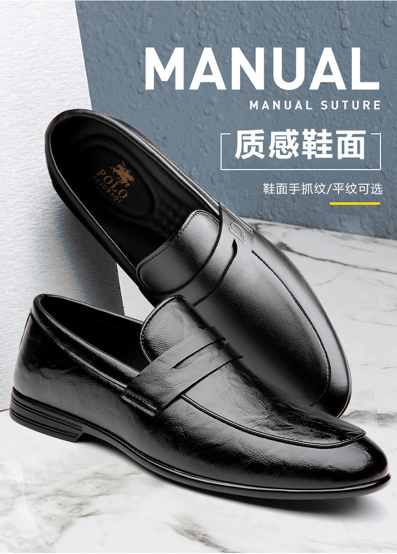 Men's British style casual leather bean shoes by Trenches of Mariana, solid color slip-on design with cowhide material.