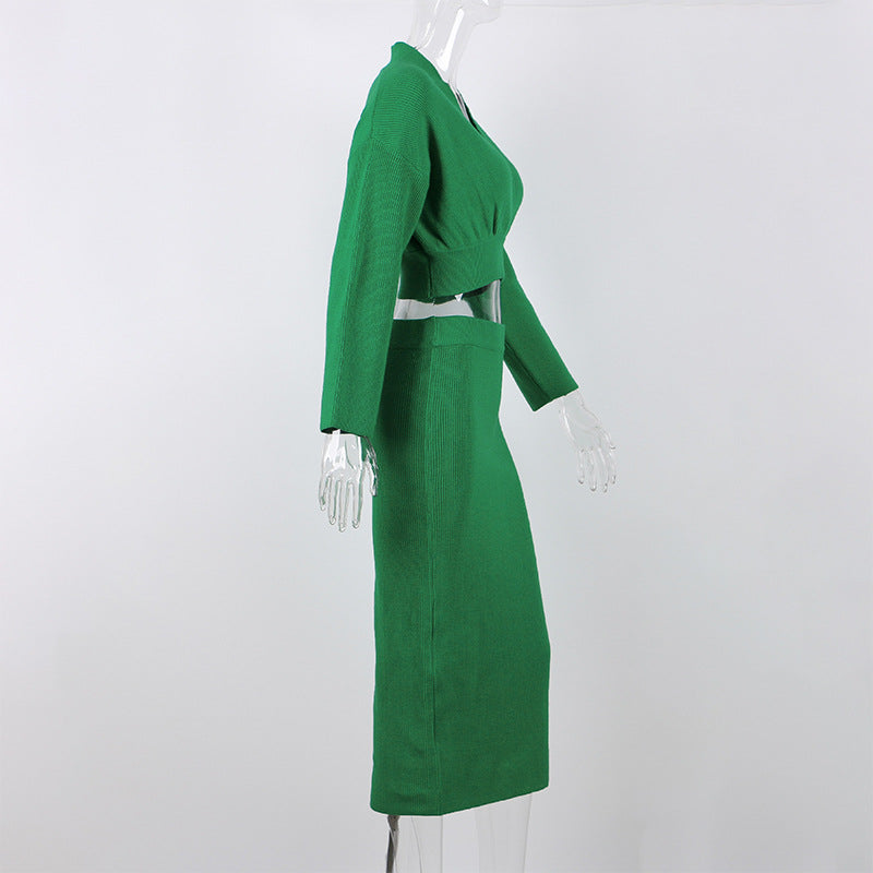 European Long-Sleeved V Neck Casual Three-Quarter Sweater + Mid-Length Skirt for Women Suit
