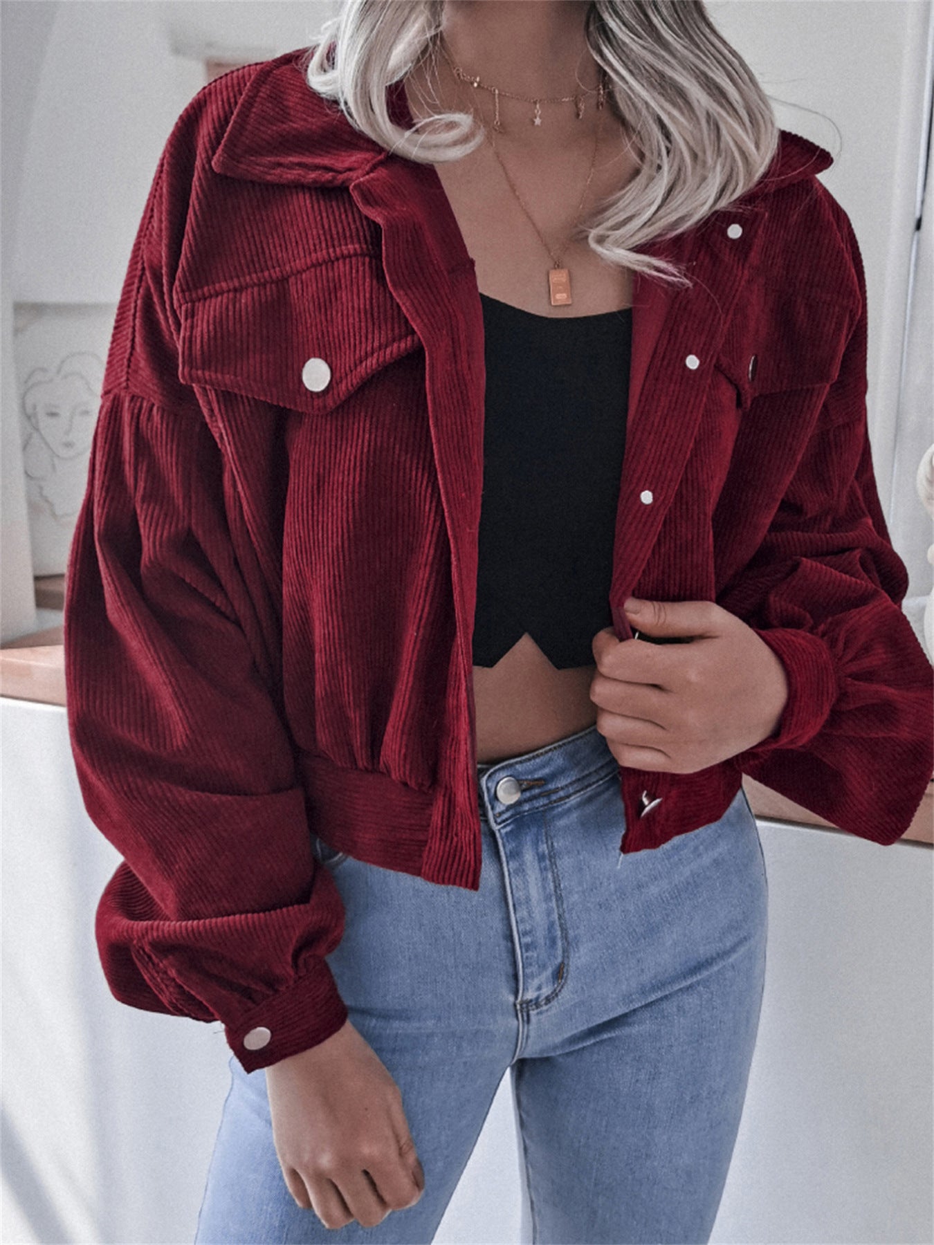 Ins Style Autumn and Winter European and American Lantern Long-Sleeved Corduroy Casual Short Outwear Jacket Amazon Hot Cross-Border Women's Clothing by Trenches of Mariana