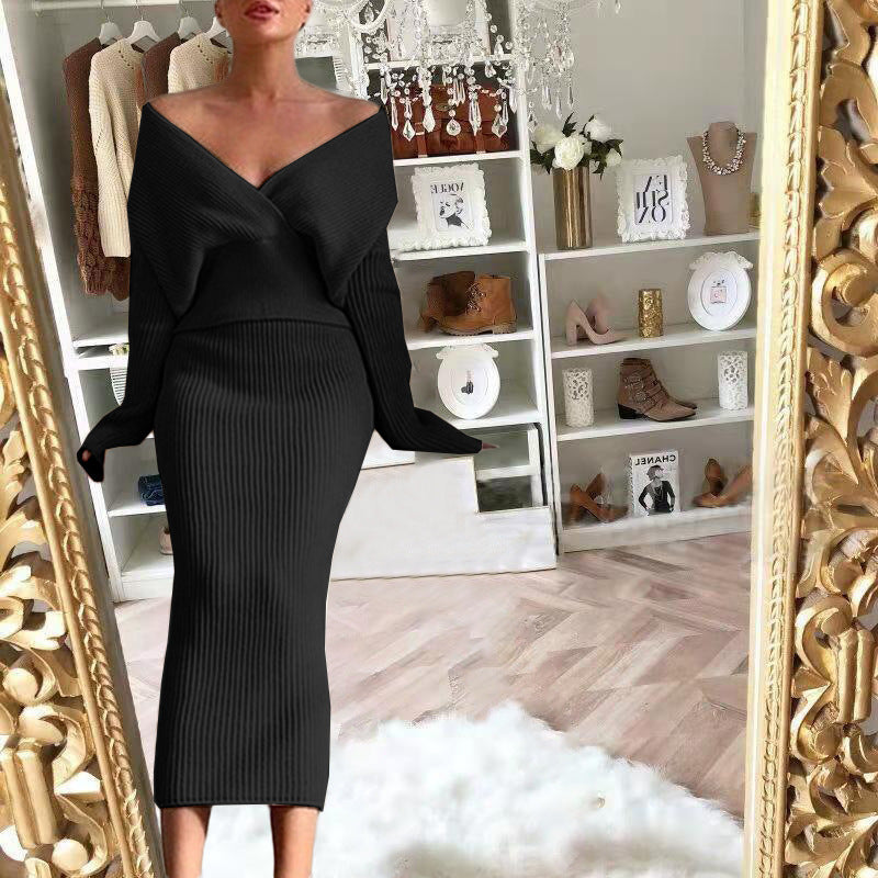 European Long-Sleeved V Neck Casual Three-Quarter Sweater + Mid-Length Skirt for Women Suit