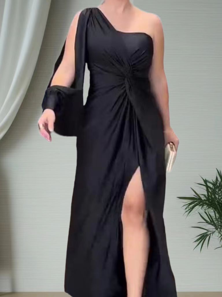 Trenches of Mariana slim fit summer dress with inclined shoulder knot, solid color, and split design, perfect for casual wear.