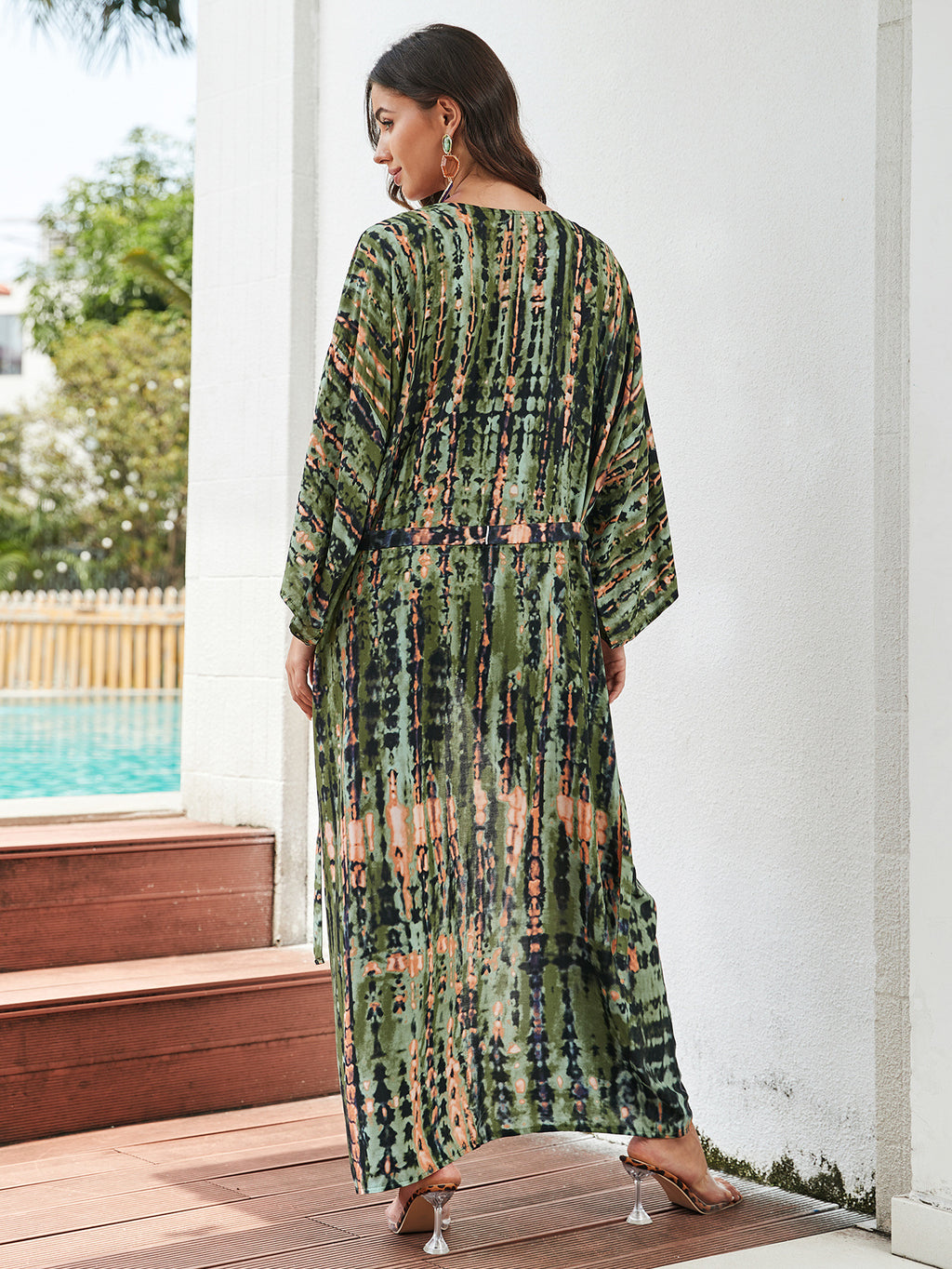Women’s rayon tie-dye beach cover-up by Trenches of Mariana, loose fit, sun protection, ideal for vacations over swimsuits.