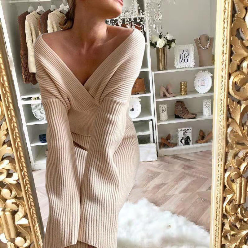 European Long-Sleeved V Neck Casual Three-Quarter Sweater + Mid-Length Skirt for Women Suit