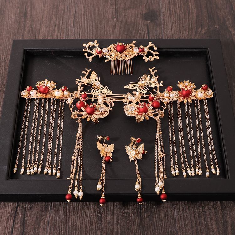 Chinese style hanfu bridal hair accessories suit tassel dragon and phoenix gown ancient style hair accessories wedding Red ancient costume Xiuhe headdress by Trenches of Mariana