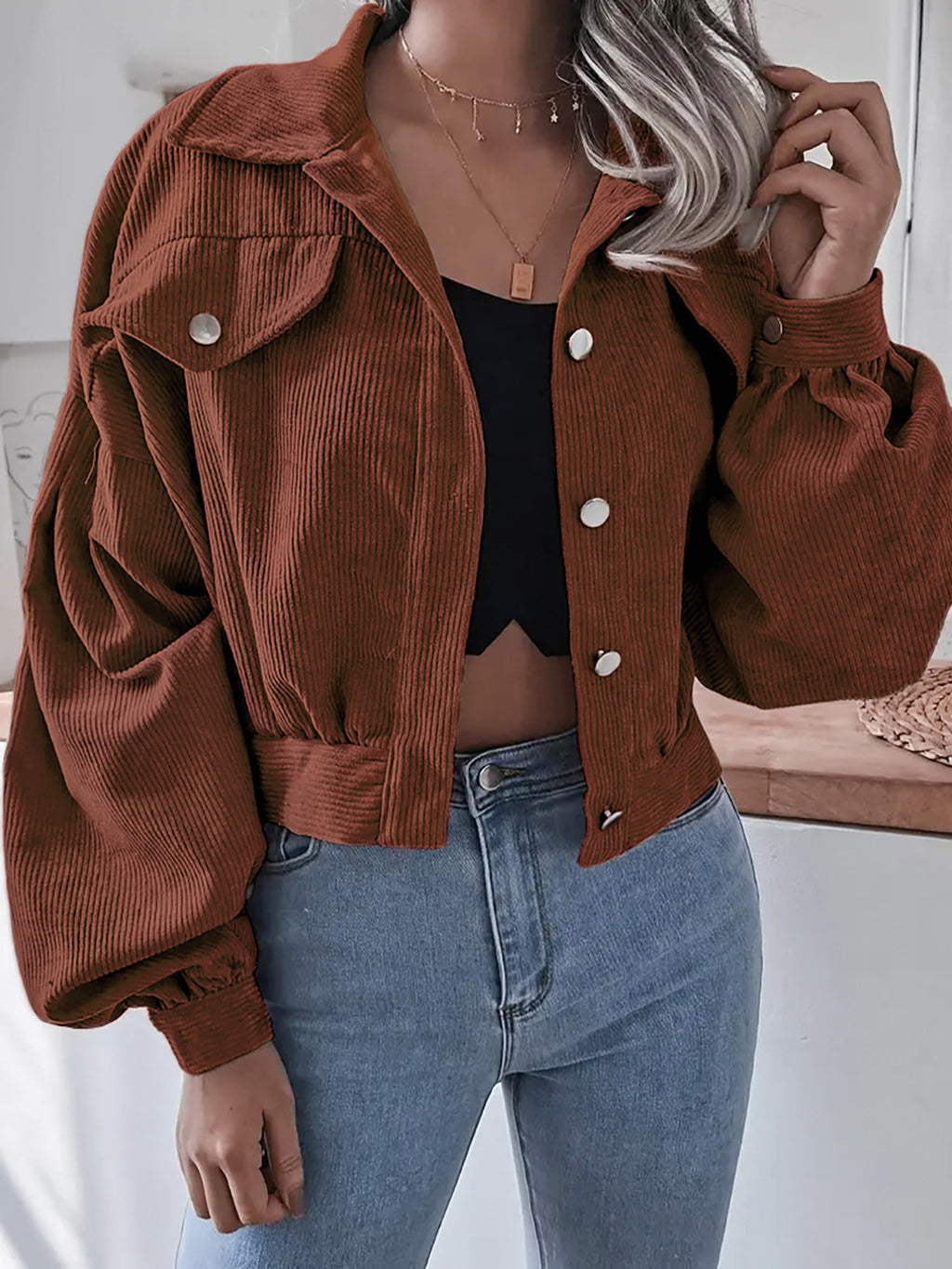 Ins Style Autumn and Winter European and American Lantern Long-Sleeved Corduroy Casual Short Outwear Jacket Amazon Hot Cross-Border Women's Clothing by Trenches of Mariana