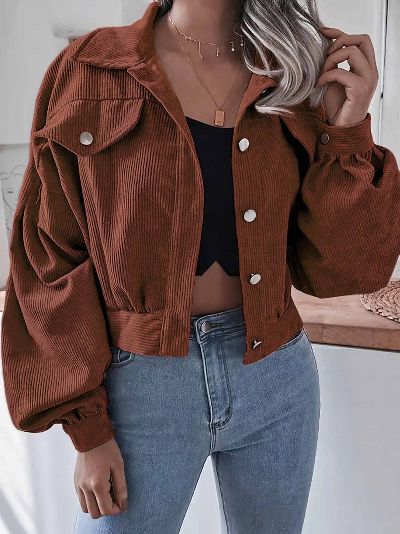 Ins Style Autumn and Winter European and American Lantern Long-Sleeved Corduroy Casual Short Outwear Jacket Amazon Hot Cross-Border Women's Clothing by Trenches of Mariana