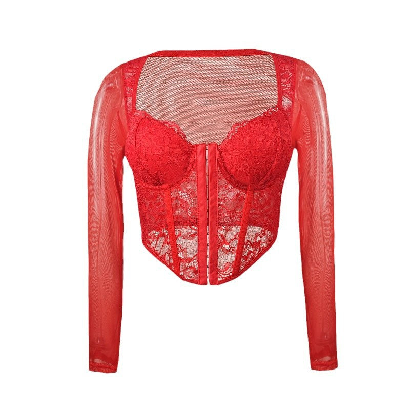 European and American style lace mesh long-sleeve T-shirt with square collar, slim fit, from Trenches of Mariana.