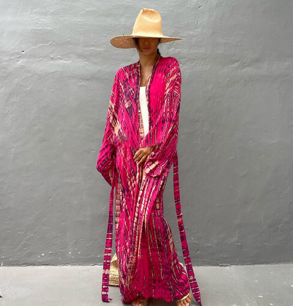 Trenches of Mariana rayon tie-dye beach cover-up with sun protection, loose fit, suitable for women’s vacation and swimwear.