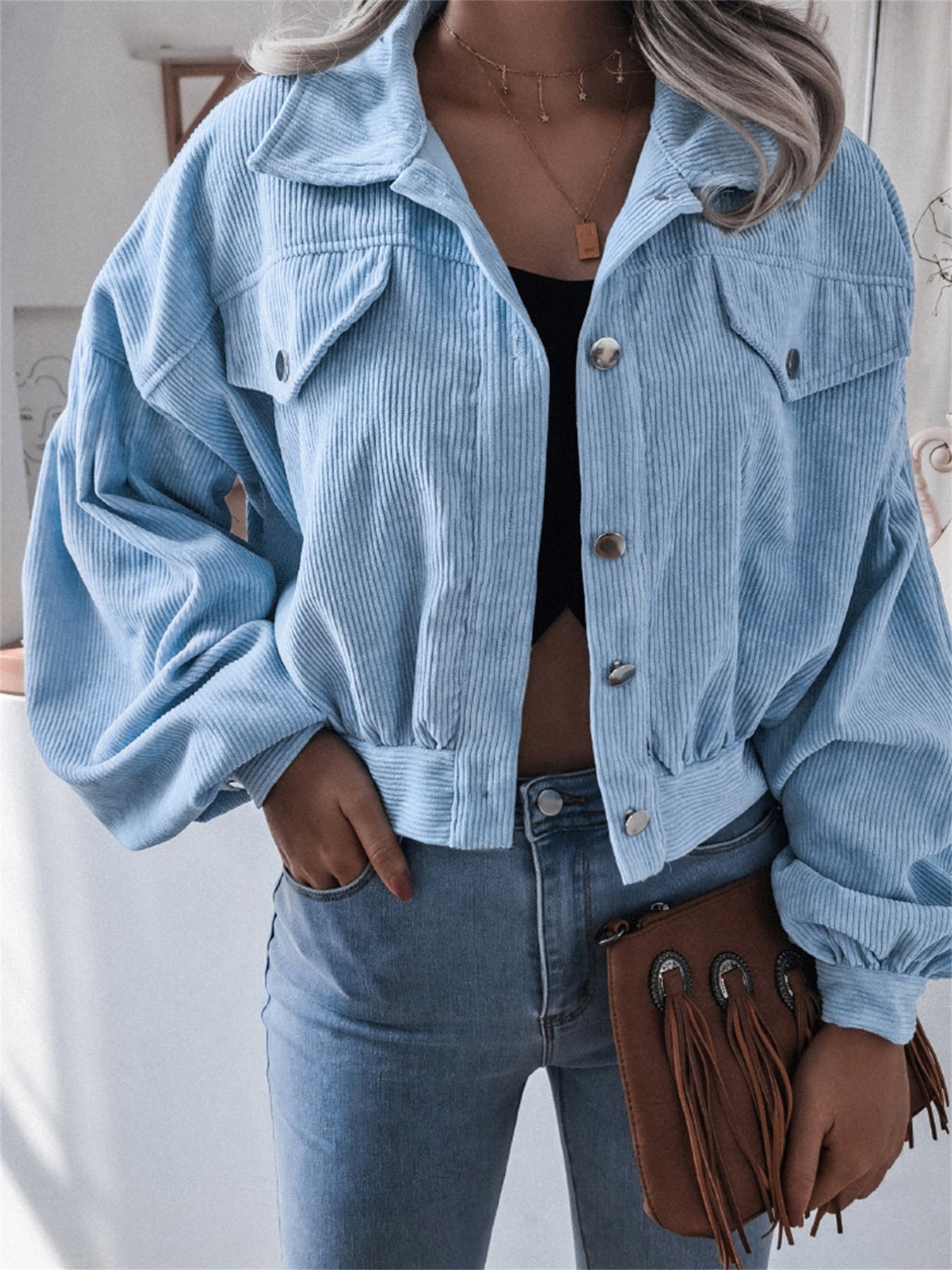 Ins Style Autumn and Winter European and American Lantern Long-Sleeved Corduroy Casual Short Outwear Jacket Amazon Hot Cross-Border Women's Clothing by Trenches of Mariana