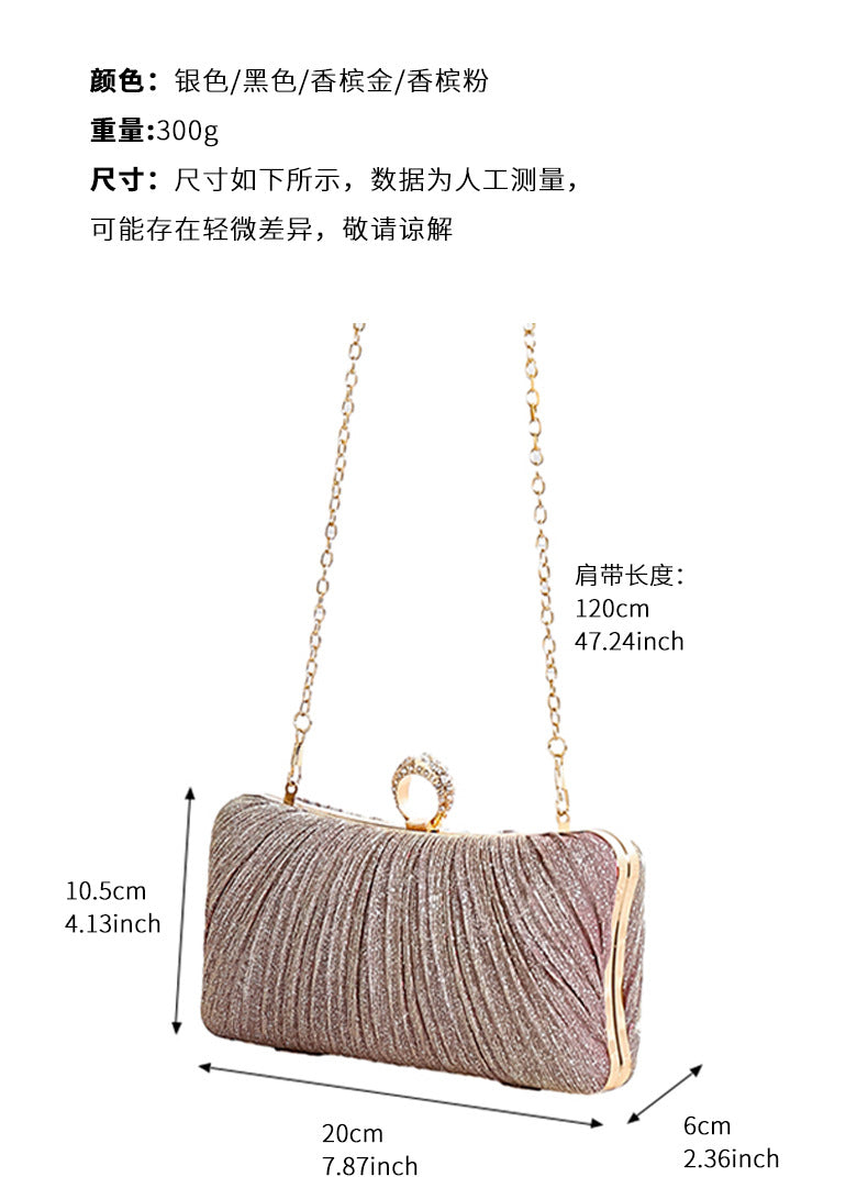 Elegant trenched pleated Chinese-style dinner clutch bag with cross-body strap for ladies, suitable for banquets and evening events.