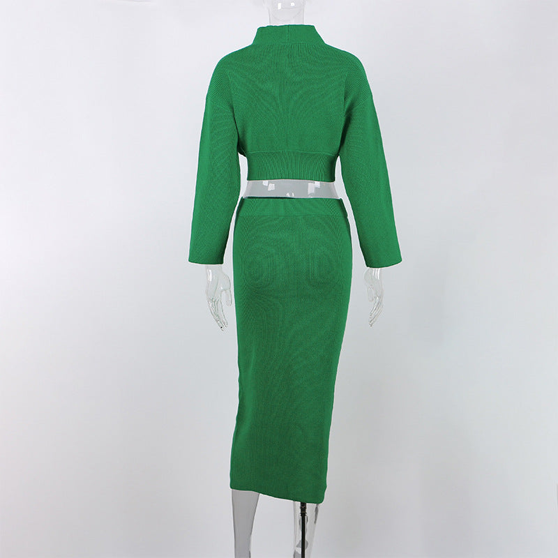 European Long-Sleeved V Neck Casual Three-Quarter Sweater + Mid-Length Skirt for Women Suit