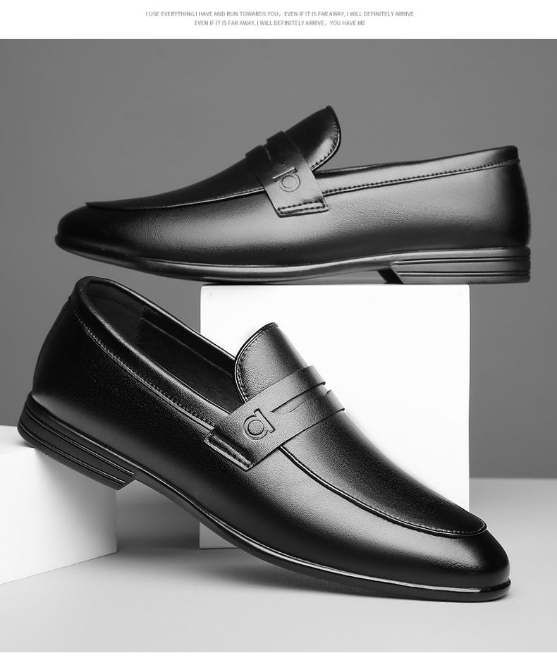 Men's casual leather bean shoes by Trenches of Mariana, solid color slip-on loafers with cowhide leather, Korean style fashion footwear.